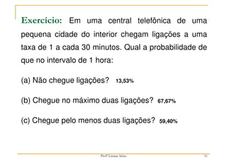 Exercício: Em uma central telefônica de uma
pequena cidade do interior chegam ligações a uma
taxa de 1 a cada 30 minutos. Qual a probabilidade de
que no intervalo de 1 hora:
(a) Não chegue ligações?
(b) Chegue no máximo duas ligações?
(c) Chegue pelo menos duas ligações?
51
13,53%
59,40%
67,67%
Profª Lisiane Selau
 