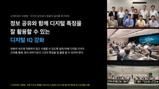 스마트워크 사랑방 : 지식의 깊이보다 응용의 넓이를 추구하라
정보 공유와 함께 디지털 특징을
잘 활용할 수 있는
디지털 IQ 강화
변화의 속도에 저항하지 않고 수용할 수 있도록 설득/이해 디지털 지식의
간파를 통해, 맞서 싸우기보다 그것의 특징을 잘 활용 할 수 있어야 한다.
*스마트워크 사랑방 : 전문 지식과 경험을 기반으로 소상공인 CEO 대상 월 1회 멘토링 및 코칭 활동 진행
 