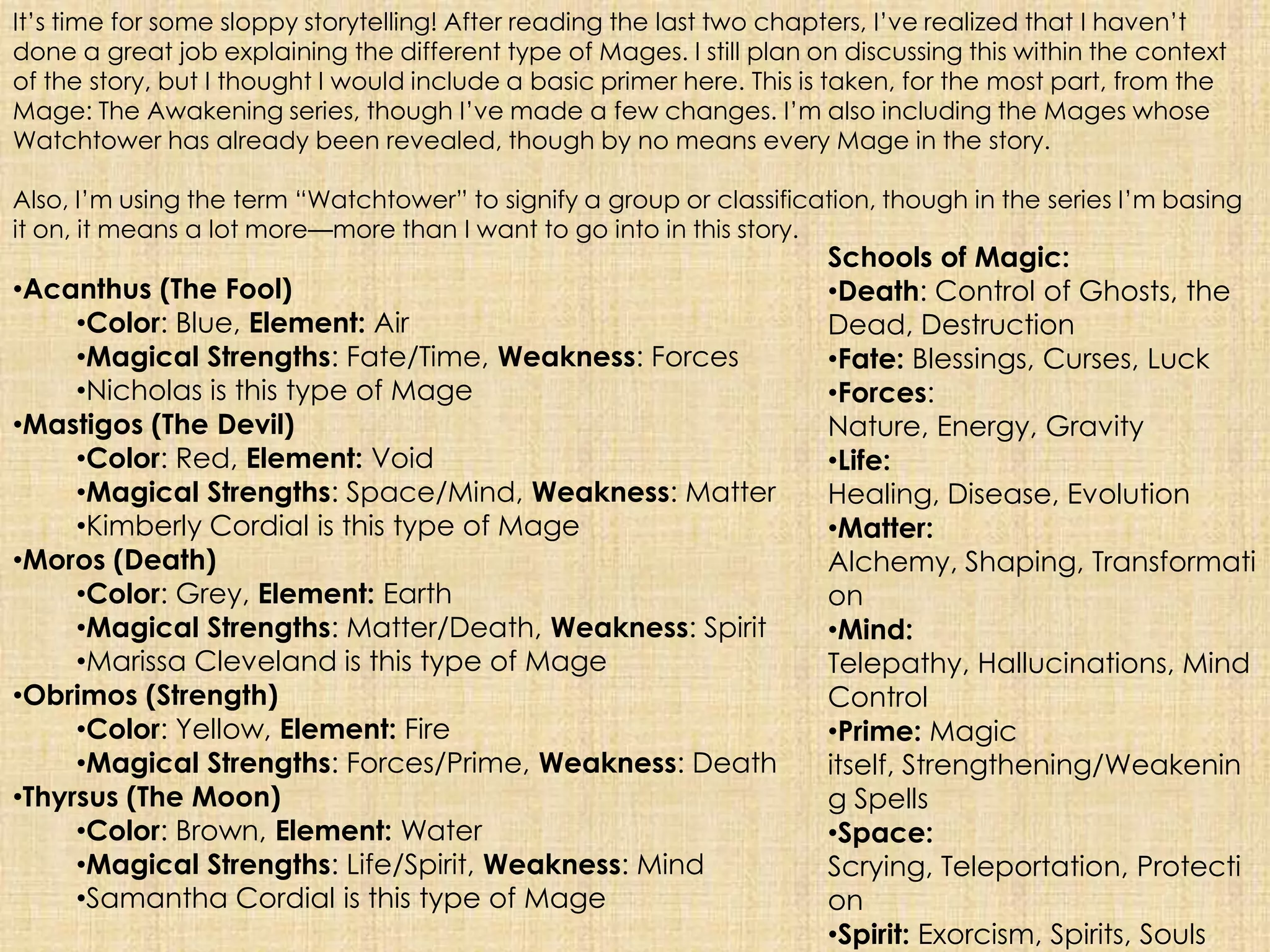 It’s time for some sloppy storytelling! After reading the last two chapters, I’ve realized that I haven’t done a great job explaining the different type of Mages. I still plan on discussing this within the context of the story, but I thought I would include a basic primer here. This is taken, for the most part, from the Mage: The Awakening series, though I’ve made a few changes. I’m also including the Mages whose Watchtower has already been revealed, though by no means every Mage in the story.Also, I’m using the term “Watchtower” to signify a group or classification, though in the series I’m basing it on, it means a lot more—more than I want to go into in this story.Schools of Magic:Death: Control of Ghosts, the Dead, Destruction
