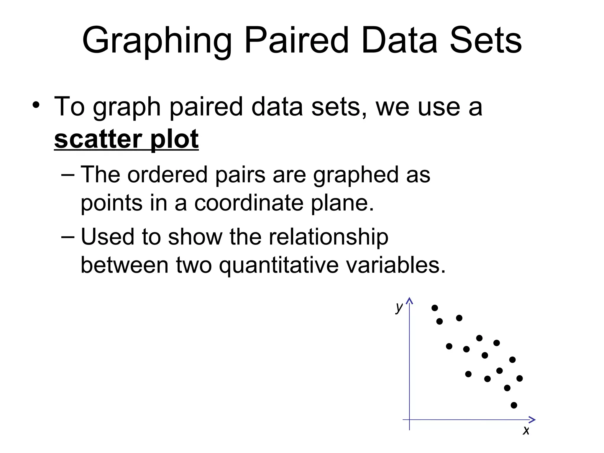 Graphing Paired Data Sets To graph paired data sets, we use a  scatter plot The ordered pairs are graphed as points in a coordinate plane. Used to show the relationship  between two quantitative variables. x y 