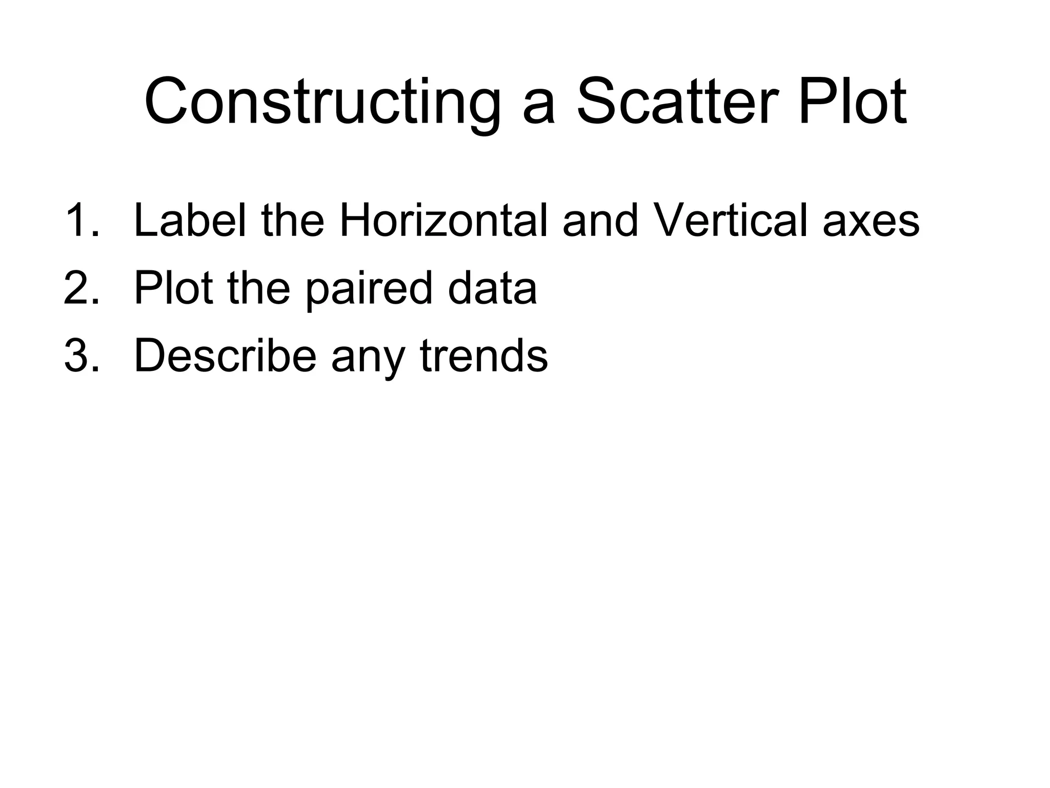 Constructing a Scatter Plot Label the Horizontal and Vertical axes Plot the paired data Describe any trends 