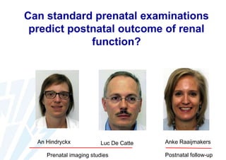 Can standard prenatal examinations
predict postnatal outcome of renal
function?

An Hindryckx

Luc De Catte

Prenatal imaging studies

Anke Raaijmakers
Postnatal follow-up

 