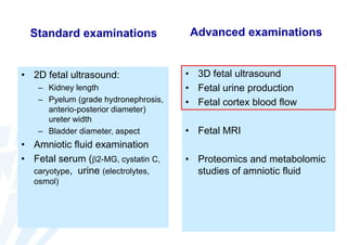 Standard examinations

• 2D fetal ultrasound:
– Kidney length
– Pyelum (grade hydronephrosis,
anterio-posterior diameter)
ureter width
– Bladder diameter, aspect

• Amniotic fluid examination
• Fetal serum (2-MG, cystatin C,
caryotype, urine (electrolytes,
osmol)

Advanced examinations

• 3D fetal ultrasound
• Fetal urine production
• Fetal cortex blood flow

• Fetal MRI
• Proteomics and metabolomic
studies of amniotic fluid

 