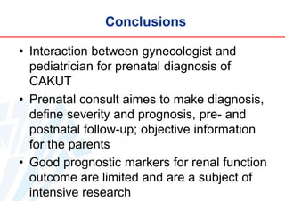 Conclusions
• Interaction between gynecologist and
pediatrician for prenatal diagnosis of
CAKUT
• Prenatal consult aimes to make diagnosis,
define severity and prognosis, pre- and
postnatal follow-up; objective information
for the parents
• Good prognostic markers for renal function
outcome are limited and are a subject of
intensive research

 