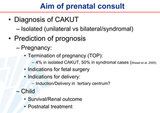 Aim of prenatal consult
• Diagnosis of CAKUT
– Isolated (unilateral vs bilateral/syndromal)

• Prediction of prognosis
– Pregnancy:
• Termination of pregnancy (TOP):
– 4% in isolated CAKUT, 50% in syndromal cases (Wissel et al. 2005)

• Indications for fetal surgery
• Indications for delivery:
– Induction/Delivery in tertiary centrum?

– Child
• Survival/Renal outcome
• Postnatal treatment

 