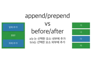 append/prepend 
vs 
before/after 
a/p 는 선택한 요소 내부에 추가 
b/a는 선택한 요소 외부에 추가 
가 
나 
다 
라 
앞에 추가! 
원본! 
뒤에 추가! 
 