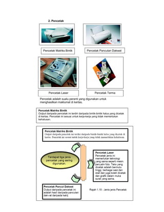2. Pencetak




    Pencetak Matriks Bintik                 Pencetak Pancutan Dakwat




         Pencetak Laser                            Pencetak Terma

 Pencetak adalah suatu peranti yang digunakan untuk
 menghasilkan maklumat di kertas.

Pencetak Matriks Bintik
Output daripada pencetak ini terdiri daripada bintik-bintik halus yang dicetak
di kertas. Pencetak ini sesuai untuk kerja-kerja yang tidak memerlukan
kehalusan.
 