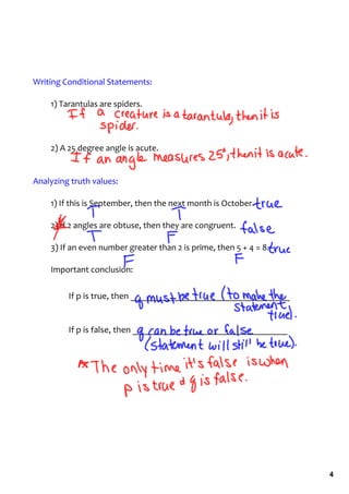 Writing Conditional Statements:

    1) Tarantulas are spiders.




    2) A 25 degree angle is acute.


Analyzing truth values:

    1) If this is September, then the next month is October.

    2) If 2 angles are obtuse, then they are congruent.

    3) If an even number greater than 2 is prime, then 5 + 4 = 8.

    Important conclusion:

         If p is true, then ___________________________________


         If p is false, then __________________________________ 




                                                                    4
 