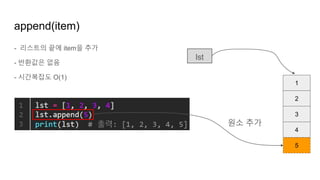 - 리스트의 끝에 item을 추가
- 반환값은 없음
- 시간복잡도 O(1)
append(item)
1
2
3
lst
4
5
원소 추가
 