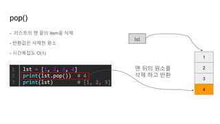- 리스트의 맨 끝의 item을 삭제
- 반환값은 삭제한 원소
- 시간복잡도 O(1)
pop()
1
2
3
lst
4
맨 뒤의 원소를
삭제 하고 반환
 