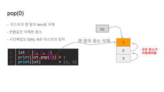 - 리스트의 맨 앞의 item을 삭제
- 반환값은 삭제한 원소
- 시간복잡도 O(N), N은 리스트의 길이
pop(0)
1
2
3
lst
맨 앞의 원소 삭제
모든 원소가
이동해야함
 