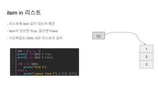 - 리스트에 item 값이 있는지 확인
- item이 있으면 True, 없으면 False
- 시간복잡도 O(N), N은 리스트의 길이
item in 리스트
1
2
3
lst
 