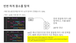 - 매번 원소를 탐색할 때 마다 순차 탐색이 진행됩니다. O(N)
- 대안 : set을 사용 합니다. O(1)
빈번 하게 원소를 탐색
1
2
3
lst
한번 찾을때 마다 3회
탐색하고, 이를 99번
반복
297번 연산
set은 해시기반으므로 한번 찾을때 마다 1회 반복합
니다. 99회 연산!! 따라서 시간 복잡도 O(1)
set은 2주차 에서 다루지 않습니다. 아래 참조
https://github.com/dremdeveloper/codingtest_python/blob/main/Algorit
hm_with_DataStructure/set.py
 
