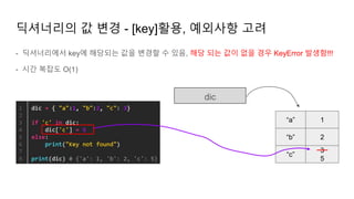 - 딕셔너리에서 key에 해당되는 값을 변경할 수 있음, 해당 되는 값이 없을 경우 KeyError 발생함!!!
- 시간 복잡도 O(1)
딕셔너리의 값 변경 - [key]활용, 예외사항 고려
dic
“a”
“b”
1
2
“c”
3
5
 