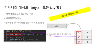 - 딕셔너리의 모든 key 확인 가능
- 시간복잡도 O(1)
- 반복문은 dic 크기만큼 연산하므로 N번 연산
딕셔너리 메서드 - keys(), 모든 key 확인
dic
“a”
“b”
1
2
“c” 3
딕셔너리의 모든 키 정보 확인 가능
 