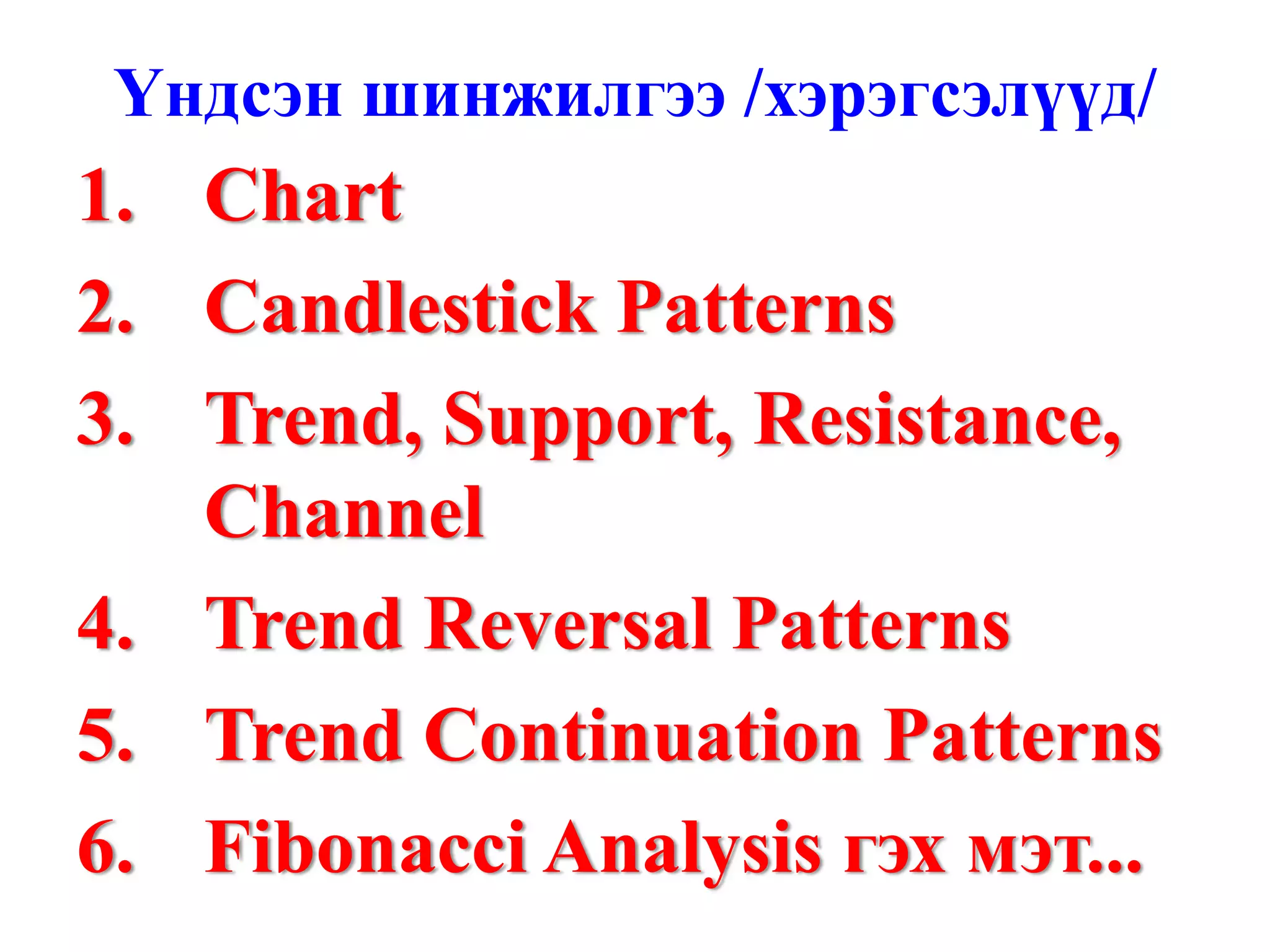 Үндсэн шинжилгээ /хэрэгсэлүүд/
1. Chart
2. Candlestick Patterns
3. Trend, Support, Resistance,
   Channel
4. Trend Reversal Patterns
5. Trend Continuation Patterns
6. Fibonacci Analysis гэх мэт...
 
