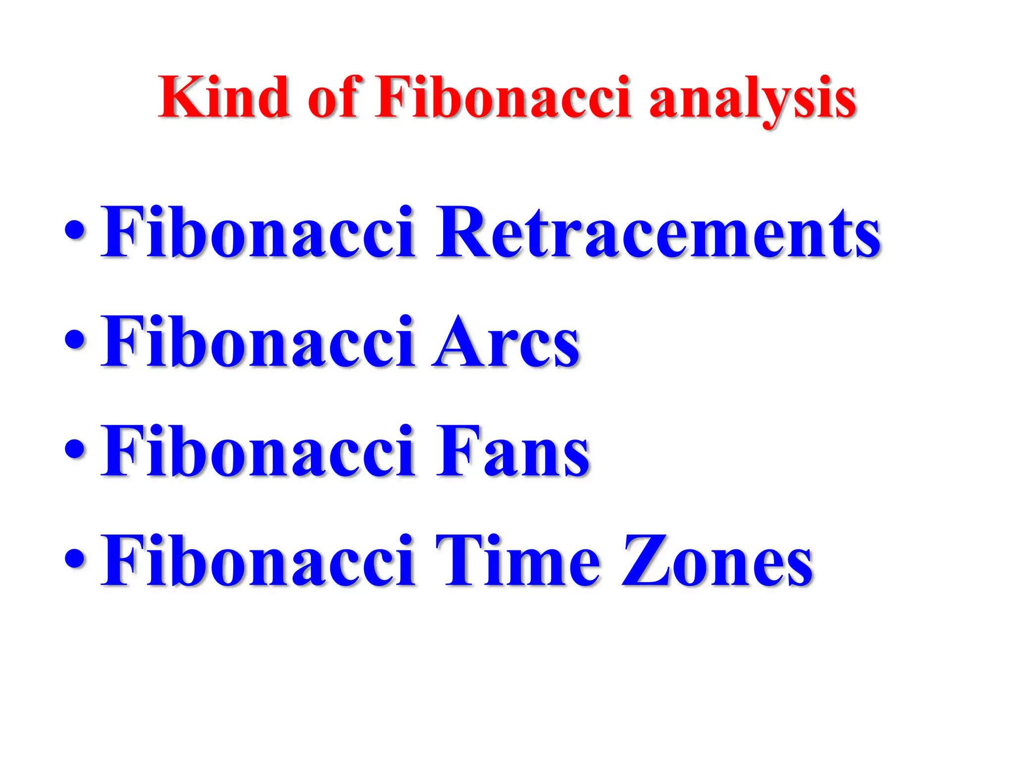 Kind of Fibonacci analysis

• Fibonacci Retracements
• Fibonacci Arcs
• Fibonacci Fans
• Fibonacci Time Zones
 