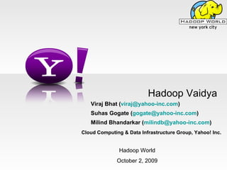 Hadoop Vaidya Viraj Bhat ( [email_address] ) Suhas Gogate ( [email_address] ) Milind Bhandarkar ( [email_address] ) Cloud Computing & Data Infrastructure Group, Yahoo! Inc. Hadoop World October 2, 2009 
