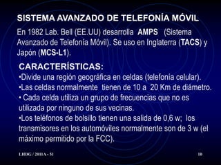 SISTEMA AVANZADO DE TELEFONÍA MÓVIL
En 1982 Lab. Bell (EE.UU) desarrolla AMPS (Sistema
Avanzado de Telefonía Móvil). Se uso en Inglaterra (TACS) y
Japón (MCS-L1).
CARACTERÍSTICAS:
•Divide una región geográfica en celdas (telefonía celular).
•Las celdas normalmente tienen de 10 a 20 Km de diámetro.
• Cada celda utiliza un grupo de frecuencias que no es
utilizada por ninguno de sus vecinas.
•Los teléfonos de bolsillo tienen una salida de 0,6 w; los
transmisores en los automóviles normalmente son de 3 w (el
máximo permitido por la FCC).
LHDG / 2011A - 51                                       10
 