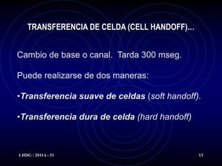 TRANSFERENCIA DE CELDA (CELL HANDOFF)…


Cambio de base o canal. Tarda 300 mseg.

Puede realizarse de dos maneras:

•Transferencia suave de celdas (soft handoff).

•Transferencia dura de celda (hard handoff)



LHDG / 2011A - 51                             13
 