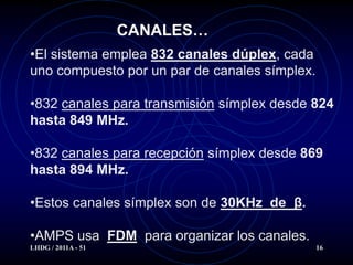 CANALES…
•El sistema emplea 832 canales dúplex, cada
uno compuesto por un par de canales símplex.

•832 canales para transmisión símplex desde 824
hasta 849 MHz.

•832 canales para recepción símplex desde 869
hasta 894 MHz.

•Estos canales símplex son de 30KHz de β.

•AMPS usa FDM para organizar los canales.
LHDG / 2011A - 51                              16
 