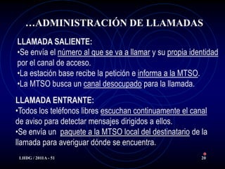 …ADMINISTRACIÓN DE LLAMADAS
LLAMADA SALIENTE:
•Se envía el número al que se va a llamar y su propia identidad
por el canal de acceso.
•La estación base recibe la petición e informa a la MTSO.
•La MTSO busca un canal desocupado para la llamada.
LLAMADA ENTRANTE:
•Todos los teléfonos libres escuchan continuamente el canal
de aviso para detectar mensajes dirigidos a ellos.
•Se envía un paquete a la MTSO local del destinatario de la
llamada para averiguar dónde se encuentra.
 LHDG / 2011A - 51                                       20
 