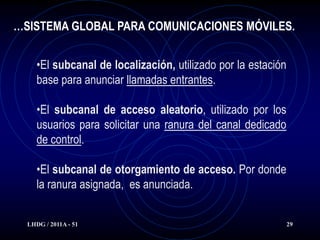 …SISTEMA GLOBAL PARA COMUNICACIONES MÓVILES.


     •El subcanal de localización, utilizado por la estación
     base para anunciar llamadas entrantes.

     •El subcanal de acceso aleatorio, utilizado por los
     usuarios para solicitar una ranura del canal dedicado
     de control.

     •El subcanal de otorgamiento de acceso. Por donde
     la ranura asignada, es anunciada.


  LHDG / 2011A - 51                                            29
 