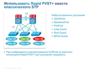 L2
                                                                               Набор встроенных улучшений:
                                                                                UplinkFast
                                          Si                    Si
                                                                                BackboneFast
                         L2                                                       PortFast
                                                                                  Loop Guard
                                                                                  Root Guard
                                                                                  BPDU Guard
           Vlan 10                                  Vlan 20          Vlan 30
            Vlan 30                                 Vlan 30          Vlan 30


  При необходимости распространения VLAN-ов по всей сети
   используйте Rapid PVST+ для улучшения сходимость




© 2012 Cisco and/or its affiliates. All rights reserved.                                                     19
 