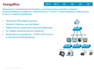EnergyWise                                                 2K-С   3K-С         2K          3K           4K               6K

Технология, позволяющая отслеживать и автоматически управлять уровнем
энергопотребление устройств, подключенных к IP-сети, а также создавать комплексные
отчеты по энергопотреблению

                                                                                                      NMS
          Обширная PoE инфраструктура
          Широкий перечень эко-партнеров
          Эффективное управление энергопотреблением
          Не требует дополнительных вложений
          Возможность расширение  SDK и API (агенты                                         используя SDK и API
           в партнерском оборудовании)




                                                                             IP Phones   PC Clients
                                                                                         (Lenovo)                IP Camera    Wireless




    © 2012 Cisco and/or its affiliates. All rights reserved.                                                                      53
 