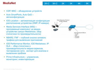 MediaNet                                                   2K-С   3K-С   2K   3K   4K   6K


  CDP, MAC – обнаружение устройств
  Auto SmartPorts, Auto QoS –
   автоконфигурация
  IOS Location – автоматизация конфигурации
   расположение устройства (DMP, IP-камера)
  Media Services Interface (MSI) –
   программный компонент на медиа-
   устройстве (запуск Mediatrace, сбор
   статистики по производительности)
  NBAR2, FNF – глубокий анализ сетевого
   трафика для выявления приложений
  IOS Performance Monitor, IOS Mediatrace, IP
   SLA - сбор статистики о
   производительности медиа-сервисов,
   тестирование сети, экспорт для анализа и
   выявления проблем
  Prime Infrastructure – управление,
   мониторинг, инвентаризация



© 2012 Cisco and/or its affiliates. All rights reserved.                                     57
 