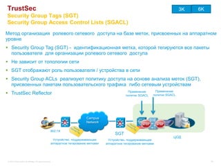 TrustSec                                                                                                                              3K   6K
Security Group Tags (SGT)
Security Group Access Control Lists (SGACL)
Метод организация ролевого сетевого доступа на базе меток, присвоенных на аппаратном
уровне
 Security Group Tag (SGT) - идентификационная метка, которой тегируются все пакеты
  пользователя для организации ролевого сетевого доступа
 Не зависит от топологии сети
 SGT отображают роль пользователя / устройства в сети
 Security Group ACLs реализуют политику доступа на основе анализа меток (SGT),
  присвоенных пакетам пользовательского трафика либо сетевым устройствам
                                                                                                      Применение       Применение
 TrustSec Reflector                                                                                 политик SGACL    политик SGACL




                                                                              Campus
                                                                              Network

                                                        802.1X
                                                                                              SGT
                                                                                                                                 ЦОД
                                                         Устройство, поддерживающее       Устройство, поддерживающее
                                                        аппаратное тегирование метками   аппаратное тегирование метками




 © 2012 Cisco and/or its affiliates. All rights reserved.                                                                                       66
 