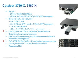           Доступ:
                     - 24/48 x 10/100/1000 Мбит/с
                     - 12/24 x 100/1000, GE SFP (GLC-GE-100FX-экономия)
                    Внешние порты (на модулях):
                      - 4 x 1 Гбит/c, SFP
                      - 2 x 10 Гбит/c, SFP+ или 2 x 1 Гбит/c, SFP (экономия)
                      - 2 x 10 Гбит/c Base-T
                        (55м – Сat6,100м-Cat7a, 7, 6a - экономия)
                    Cтек (3750-X): 64 Гбит/c (технологи StackWisePlus)
                    Выделенный порт для управления
                    USB порты для внешнего устройства хранения данных и
                     локальной конфигурации
                    PoE+ IEEE 802.3at (30 Вт) - 48 портов без внешних систем
                    Отказоустойчивость: БП, вентиляторные блоки
                    Поддержка RPS




© 2012 Cisco and/or its affiliates. All rights reserved.                        77
 