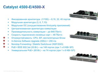           Фиксированная архитектура (1/10G) – 8,16, 32, 40 портов
                      Модульная архитектура (3, 6, 7,10)
                      Модульная ОС (сосуществование third-party приложений)
                      Централизованная архитектура коммутации
                      Производительность коммутации – до 848 Гбит/с
                      Скорость подключения линейных карт – 48 Гбит/с
                      Отказоустойчивость: CPU, БП, вентиляторные блоки
                      In-Service Software Upgrade (ISSU) < 200 ms
                      Nonstop Forwarding / Stateful Switchover (NSF/SSO)
                      PoE+ IEEE 802.3at (30 Вт) – на 148 портах (при 1 x 6 KBт БП)
                      Универсальное PoE+ (60 Вт) – на 74 портах (при 1 x 6 KBт БП)




© 2012 Cisco and/or its affiliates. All rights reserved.                              80
 