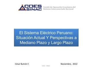 El Sistema Eléctrico Peruano:
Situación Actual Y Perspectivas a
  Mediano Plazo y Largo Plazo




César Butrón F.                  Noviembre, 2012
                  COES - SINAC
 