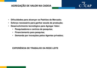 AGREGAÇÃO DE VALOR NA CADEIA




• Dificuldades para alcançar os Padrões de Mercado;
• Esforço necessário para ganhar escala de produção;
• Desenvolvimento tecnológico para Agregar Valor:
   • Pesquisadores e centros de pesquisa;
   • Financiamento para pesquisa;
   • Demanda por inovações pelos Agentes privados;




   EXPERIÊNCIA DE TRABALHO DA REDE LEITE
 