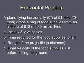 Horizontal Problem
A plane flying horizontally (0°) at 91 m/s (204
  mph) drops a bag of food supplies from an
  altitude of 812 m (0.5 mile). Find:
a. Initial x & y velocities
b. Time required for the food supplies to fall.
c. Range of the projectile (x distance)
d. Final Velocity of the food supplies just
  before hitting the ground.
 