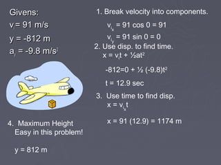 Givens:                   1. Break velocity into components.
vi = 91 m/s                   vix = 91 cos 0 = 91
y = -812 m                    viy = 91 sin 0 = 0
                          2. Use disp. to find time.
ay = -9.8 m/s2               x = vit + ½at2
                             -812=0 + ½ (-9.8)t2
                             t = 12.9 sec
                          3. Use time to find disp.
                             x = v ix t

4. Maximum Height             x = 91 (12.9) = 1174 m
  Easy in this problem!

  y = 812 m
 