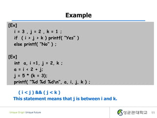 Example
[Ex]
   i = 3 , j = 2 , k = 1 ;
   if ( i > j > k ) printf( “Yes” )
  else printf( “No” ) ;

[Ex]
   int a, i =1, j = 2, k ;
  a = i < 2 + j;
  j = 5 * (k = 3);
  printf( “%d %d %dn”, a, i, j, k ) ;

    ( i < j ) && ( j < k )
  This statement means that j is between i and k.


                                                    11
 