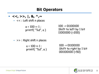 Bit Operators
 <<, >>, |, &, ^,~
  – << : Left shift n places

            a = 100 << 1 ;      100 -> 01100100
            printf( “%d”, a )   Shift to left by 1 bit
                                11001000 (=200)

  – >> : Right shift n places

            a = 100 >> 1 ;      100 -> 01100100
            printf( “%d”, a )   Shift to right by 1 bit
                                001100100 (=50)




                                                          8
 
