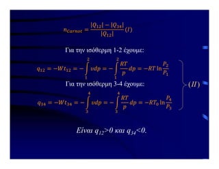Για την ισόθερμη 1-2 έχουμε:
Για την ισόθερμη 3-4 έχουμε: )
(II
Είναι q12>0 και q34<0.
 