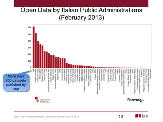 Open Data by Italian Public Administrations
(February 2013)
More than
600 datasets
published by
Istat
More than
600 datasets
published by
Istat
Open Data in Official Statistics, Domenico Donvito, July 10, 2013 10
 