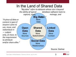 Open
Data
More
Sources
Linked
Data
More
Context
Social Data
More
Relationships
Shared
Data
More
Stakeholders
Source: Gartner
In the Land of Shared Data
“A piece of data or
content is open if
anyone is free to
use, reuse, and
redistribute it
— subject
only, at most, to
the requirement
to attribute
and/or share-alike.”
Big Data
More
Data
“Big data” refers to datasets whose size is beyond
the ability of typical database software tools to
capture, store, manage, and
analyze.”
Open Data in Official Statistics, Domenico Donvito, July 10, 2013 3
 