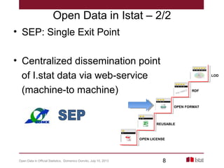 Open Data in Istat – 2/2
• SEP: Single Exit Point
• Centralized dissemination point
of I.stat data via web-service
(machine-to machine)
OPEN LICENSE
REUSABLE
OPEN FORMAT
RDF
LOD
Open Data in Official Statistics, Domenico Donvito, July 10, 2013 8
 