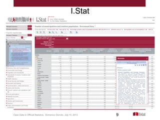 I.Stat
Open Data in Official Statistics, Domenico Donvito, July 10, 2013 9
 