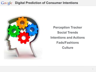 Google Confidential and Proprietary 66
Digital Prediction of Consumer Intentions
Perception Tracker
Social Trends
Intentions and Actions
Fads/Fashions
Culture
 