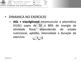 • DINAMICA NO EXERCICIO
– AGL + triacilglicerol intramuscular e plasmático
(VLDL) supre de 30 a 80% de energia da
atividade física dependendo do estado
nutricional, aptidão, intensidade e duração do
exercício.
08/08/2013 34
 