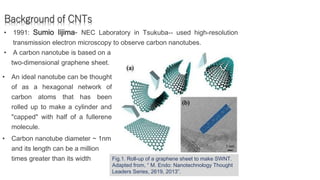 Background of CNTs
• 1991: Sumio Iijima- NEC Laboratory in Tsukuba-- used high-resolution
transmission electron microscopy to observe carbon nanotubes.
• A carbon nanotube is based on a
two-dimensional graphene sheet.
• An ideal nanotube can be thought
of as a hexagonal network of
carbon atoms that has been
rolled up to make a cylinder and
"capped" with half of a fullerene
molecule.
• Carbon nanotube diameter ~ 1nm
and its length can be a million
times greater than its width Fig.1. Roll-up of a graphene sheet to make SWNT.
Adapted from, “ M. Endo: Nanotechnology Thought
Leaders Series, 2619, 2013”.
 