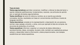 Tipos de texto
Textos argumentativos: permiten convencer, modificar y reforzar la idea del lector u
oyente mediante justificaciones, fundamentos y razones. Los artículos de opinión
son un ejemplo de textos argumentativos.
Textos científicos: tal como lo indica su nombre, es un escrito que aborda
conceptos, teorías, resultados con base en conocimientos científicos a través de
lenguaje científico.
Textos descriptivos: consiste en la representación o descripción de una persona,
animal, cosa, paisaje, emoción, u otros, como por ejemplo la lista de compras, los
anuncios de productos, el currículo.
Textos expositivos: informan o aportan un conjunto de datos referentes a
acontecimientos, ideas, conceptos. Aunado a ello, también son explicativos porque
aclaran y desarrollan toda la información y datos proporcionados. Los trabajos
académicos son textos expositivos.
 