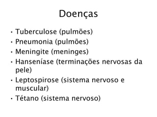 Doenças
• Tuberculose (pulmões)
• Pneumonia (pulmões)
• Meningite (meninges)
• Hanseníase (terminações nervosas da
pele)
• Leptospirose (sistema nervoso e
muscular)
• Tétano (sistema nervoso)
 
