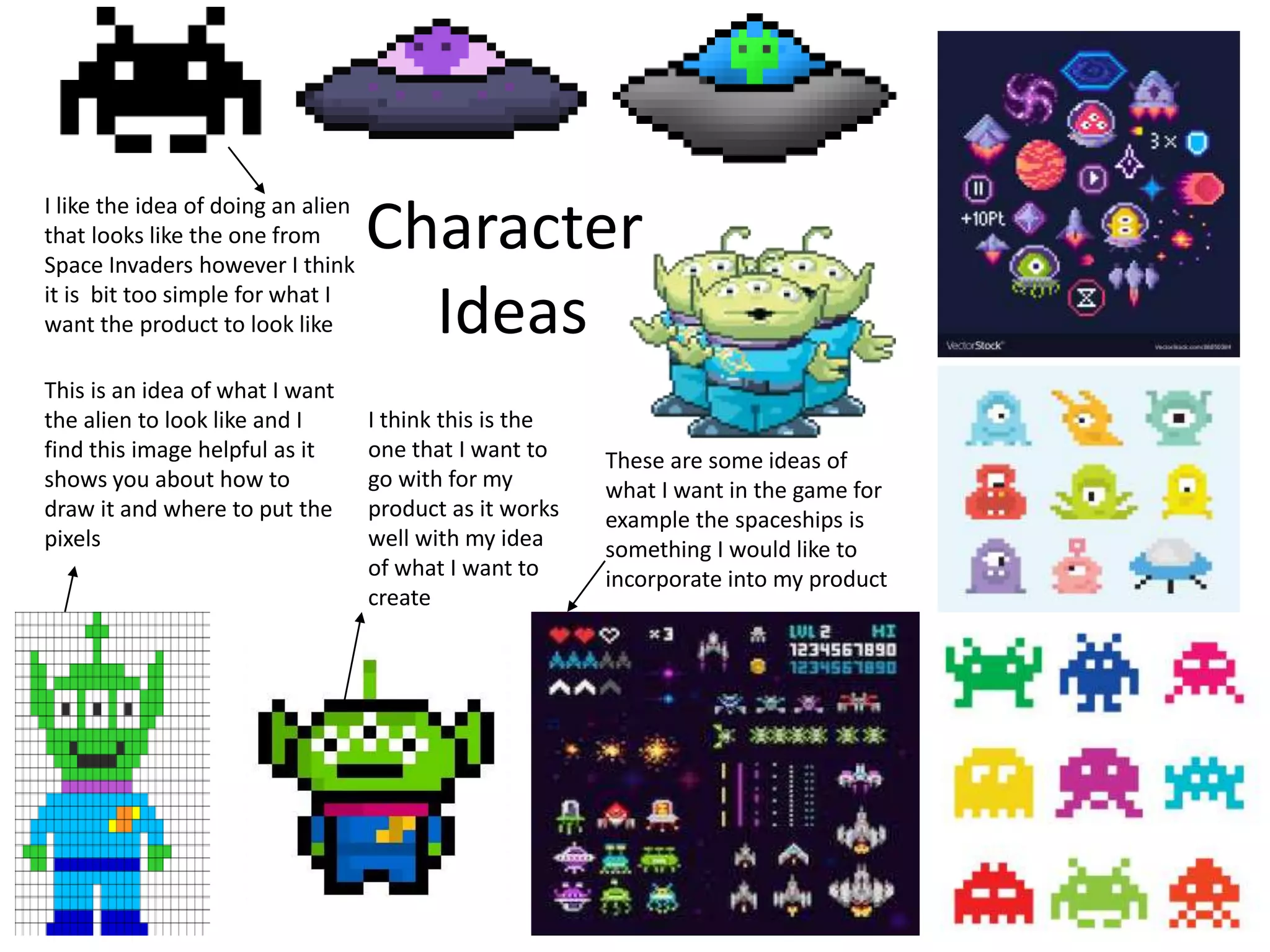 Character
Ideas
This is an idea of what I want
the alien to look like and I
find this image helpful as it
shows you about how to
draw it and where to put the
pixels
These are some ideas of
what I want in the game for
example the spaceships is
something I would like to
incorporate into my product
I like the idea of doing an alien
that looks like the one from
Space Invaders however I think
it is bit too simple for what I
want the product to look like
I think this is the
one that I want to
go with for my
product as it works
well with my idea
of what I want to
create
 
